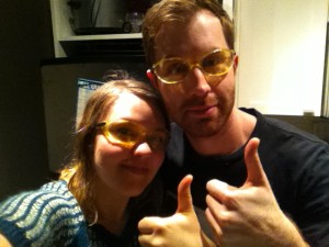 Liivi and Will wearing blue blocking glasses for better sleep